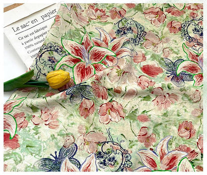Lily Floral Cotton Fabric, Watercolor Lily Butterfly Print, Digital Botanical Cotton Fabric by the Yard for Sewing, Quilting, Home Decor