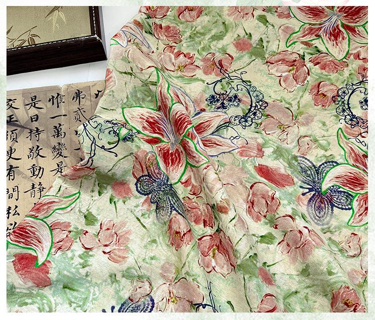 Lily Floral Cotton Fabric, Watercolor Lily Butterfly Print, Digital Botanical Cotton Fabric by the Yard for Sewing, Quilting, Home Decor