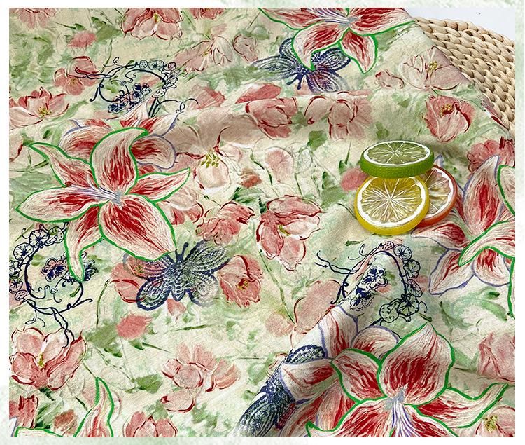 Lily Floral Cotton Fabric, Watercolor Lily Butterfly Print, Digital Botanical Cotton Fabric by the Yard for Sewing, Quilting, Home Decor
