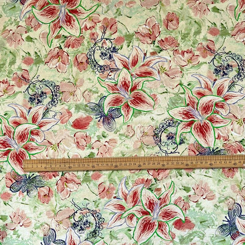 Lily Floral Cotton Fabric, Watercolor Lily Butterfly Print, Digital Botanical Cotton Fabric by the Yard for Sewing, Quilting, Home Decor