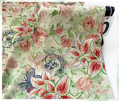 Lily Floral Cotton Fabric, Watercolor Lily Butterfly Print, Digital Botanical Cotton Fabric by the Yard for Sewing, Quilting, Home Decor