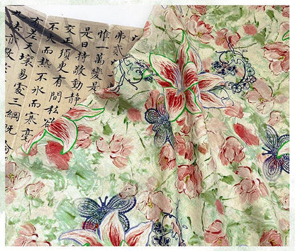 Lily Floral Cotton Fabric, Watercolor Lily Butterfly Print, Digital Botanical Cotton Fabric by the Yard for Sewing, Quilting, Home Decor