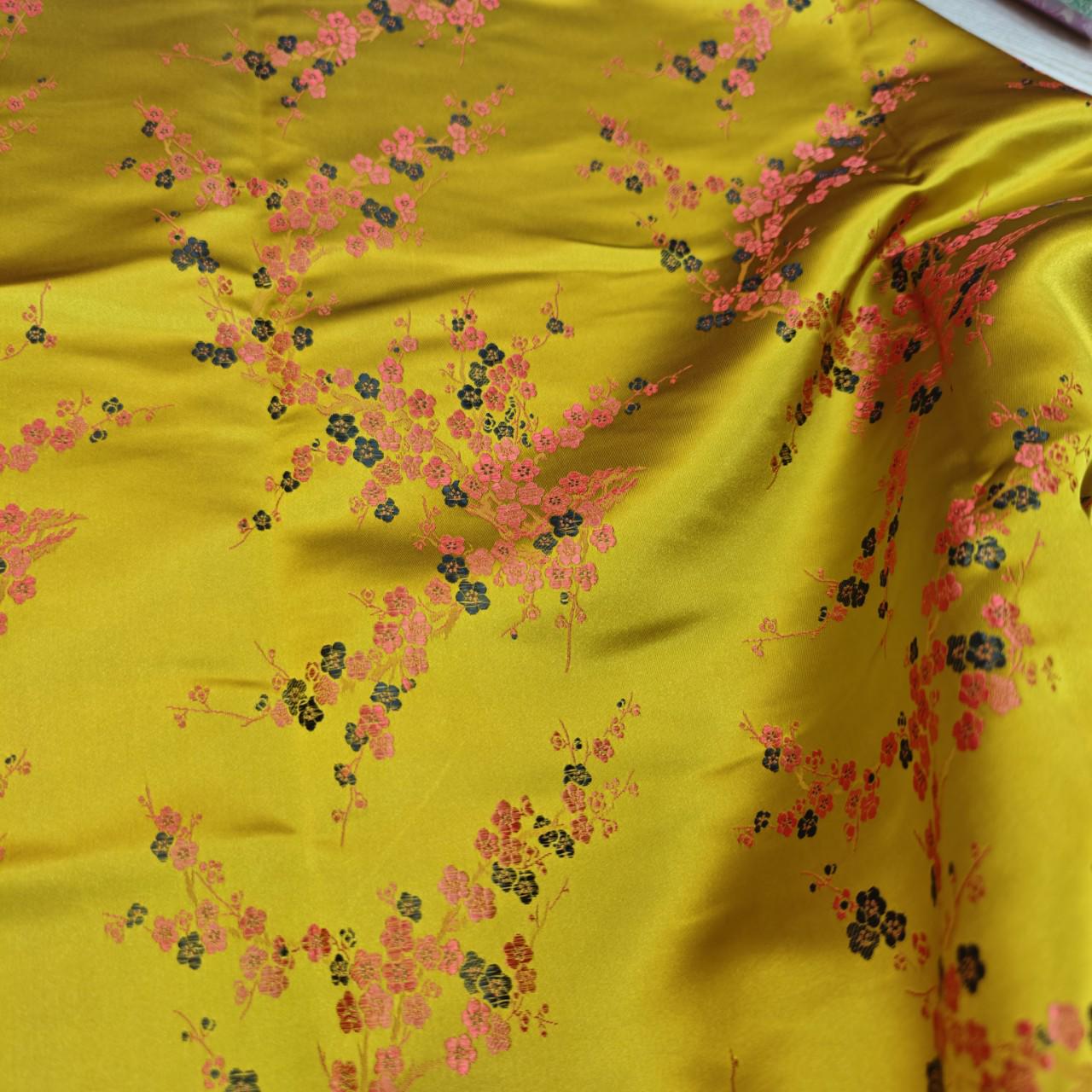 Gold Plum Blossom Brocade Satin Fabric, Chinese Silk Fabric for Cheongsam Qipao, Vests, Sachets, DIY Sewing by the Yard