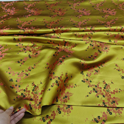 Gold Plum Blossom Brocade Satin Fabric, Chinese Silk Fabric for Cheongsam Qipao, Vests, Sachets, DIY Sewing by the Yard