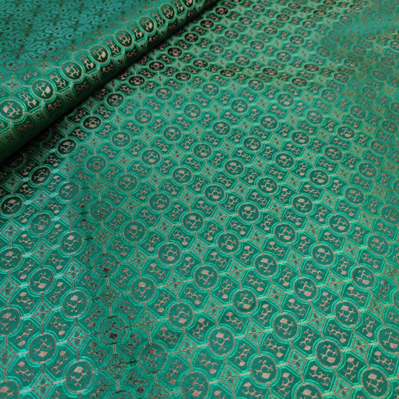 Navy Green Gold Chinese Medallion Brocade Fabric, Traditional Jacquard Satin for Cheongsam, Home Decor, Sewing Crafts by the Yard