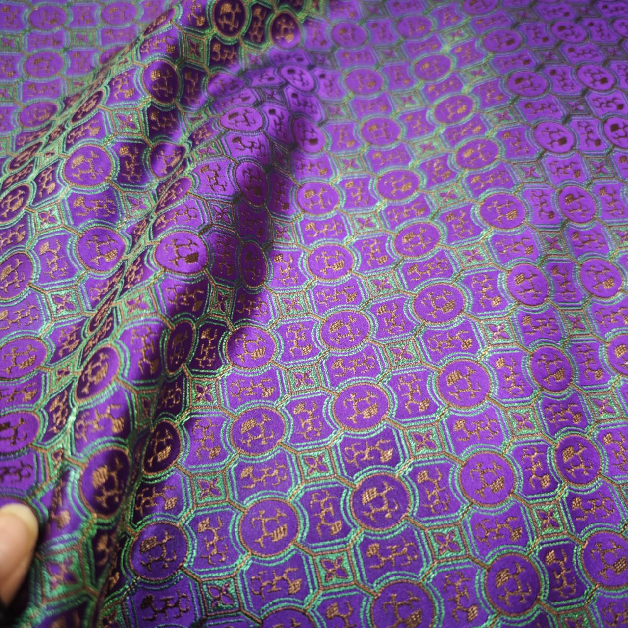 Navy Green Gold Chinese Medallion Brocade Fabric, Traditional Jacquard Satin for Cheongsam, Home Decor, Sewing Crafts by the Yard