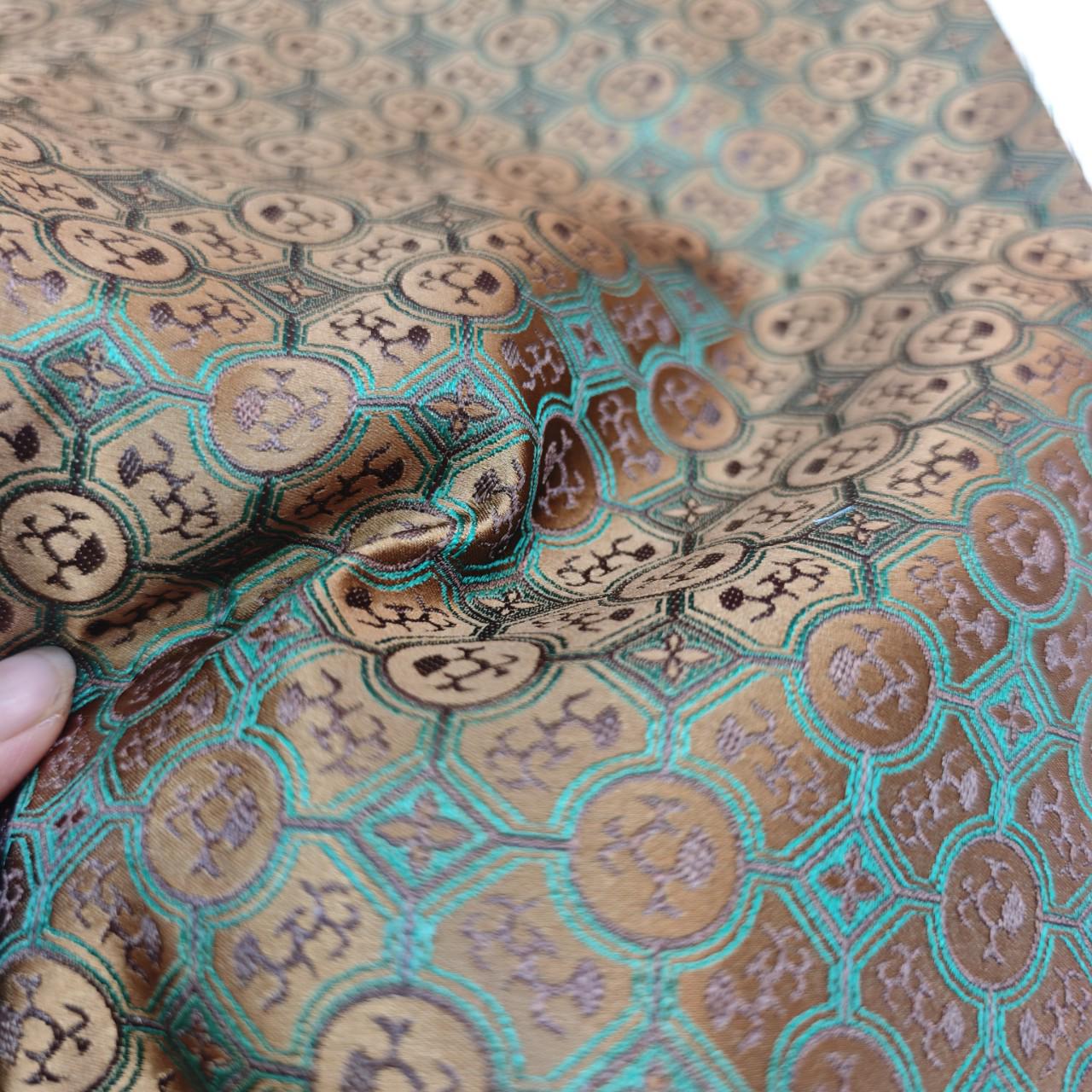 Navy Green Gold Chinese Medallion Brocade Fabric, Traditional Jacquard Satin for Cheongsam, Home Decor, Sewing Crafts by the Yard