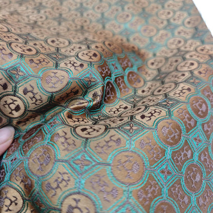 Navy Green Gold Chinese Medallion Brocade Fabric, Traditional Jacquard Satin for Cheongsam, Home Decor, Sewing Crafts by the Yard
