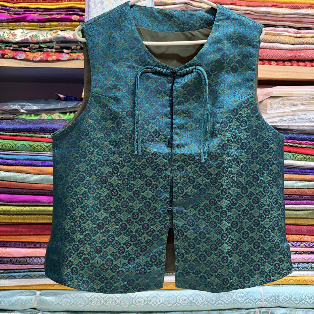 Navy Green Gold Chinese Medallion Brocade Fabric, Traditional Jacquard Satin for Cheongsam, Home Decor, Sewing Crafts by the Yard