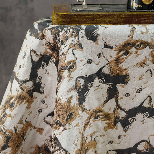 Vintage Three-Color Cat Woven Fabric, Black Brown Ivory Yarn-Dyed Textile for Jackets, Bags, Cushions, Crafts & Decor, 59"Wide