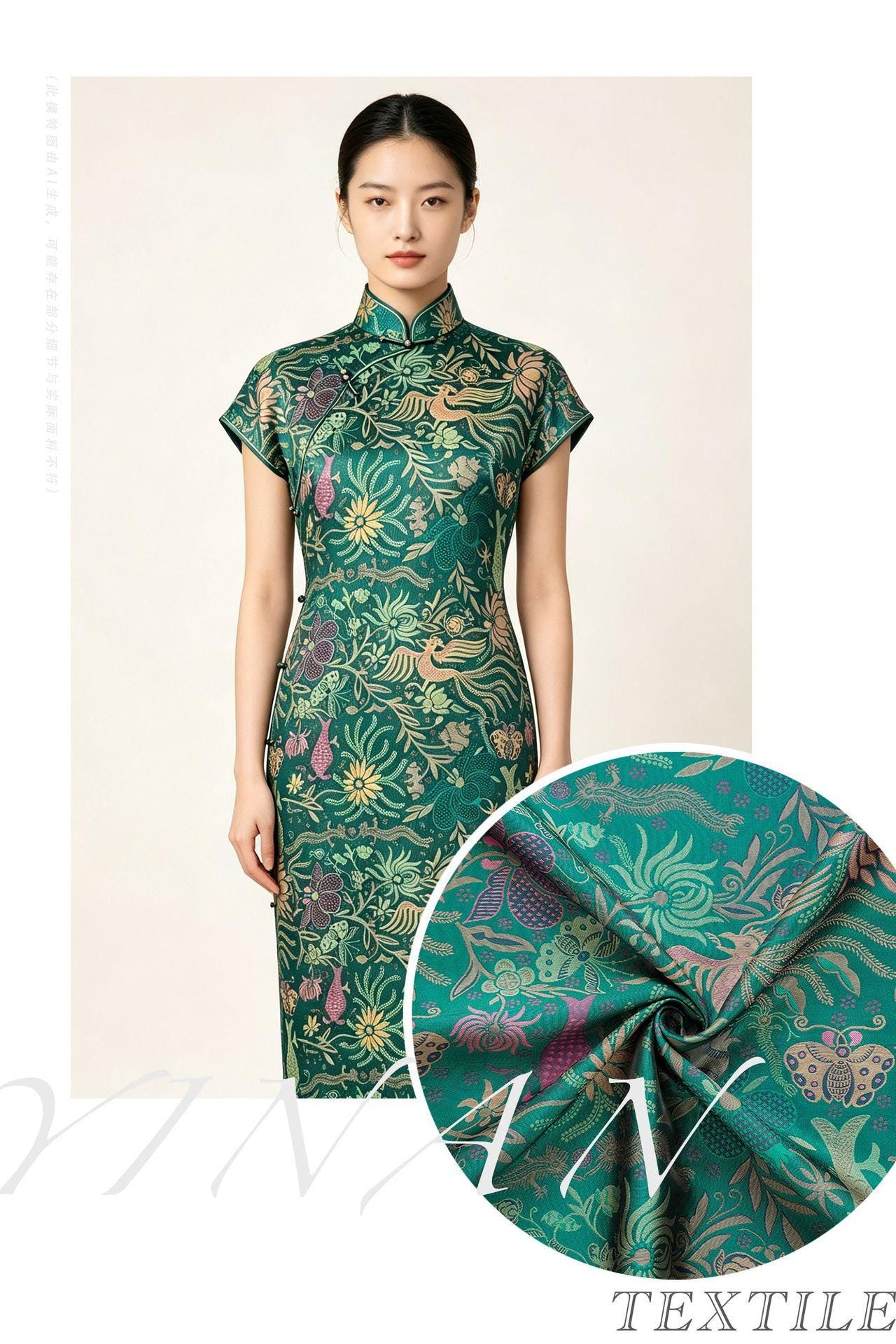 Vintage-Inspired Fish Butterfly Lotus Jacquard Fabric, Teal Botanical Woven Textile for Qipao, Jacket, Dress & Decor, 60"Wide