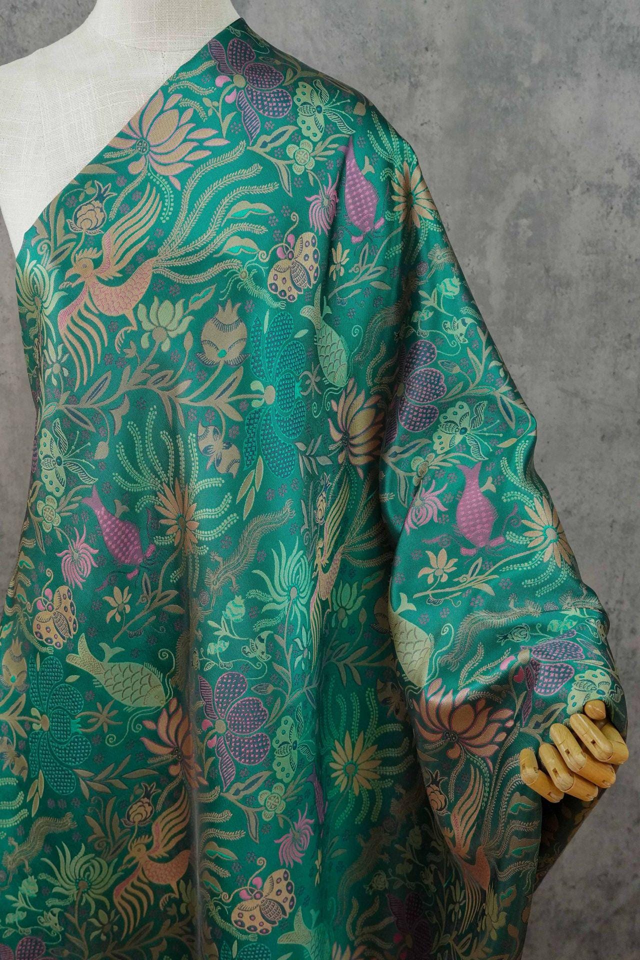 Vintage-Inspired Fish Butterfly Lotus Jacquard Fabric, Teal Botanical Woven Textile for Qipao, Jacket, Dress & Decor, 60"Wide