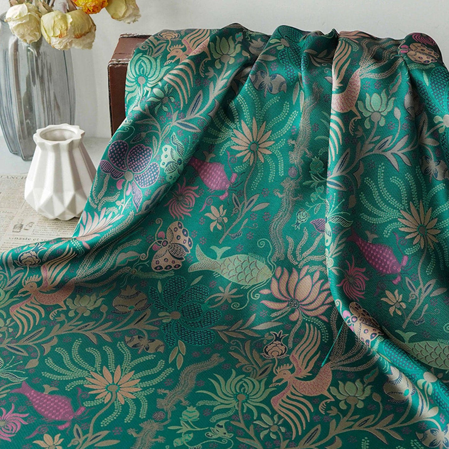 Vintage-Inspired Fish Butterfly Lotus Jacquard Fabric, Teal Botanical Woven Textile for Qipao, Jacket, Dress & Decor, 60"Wide
