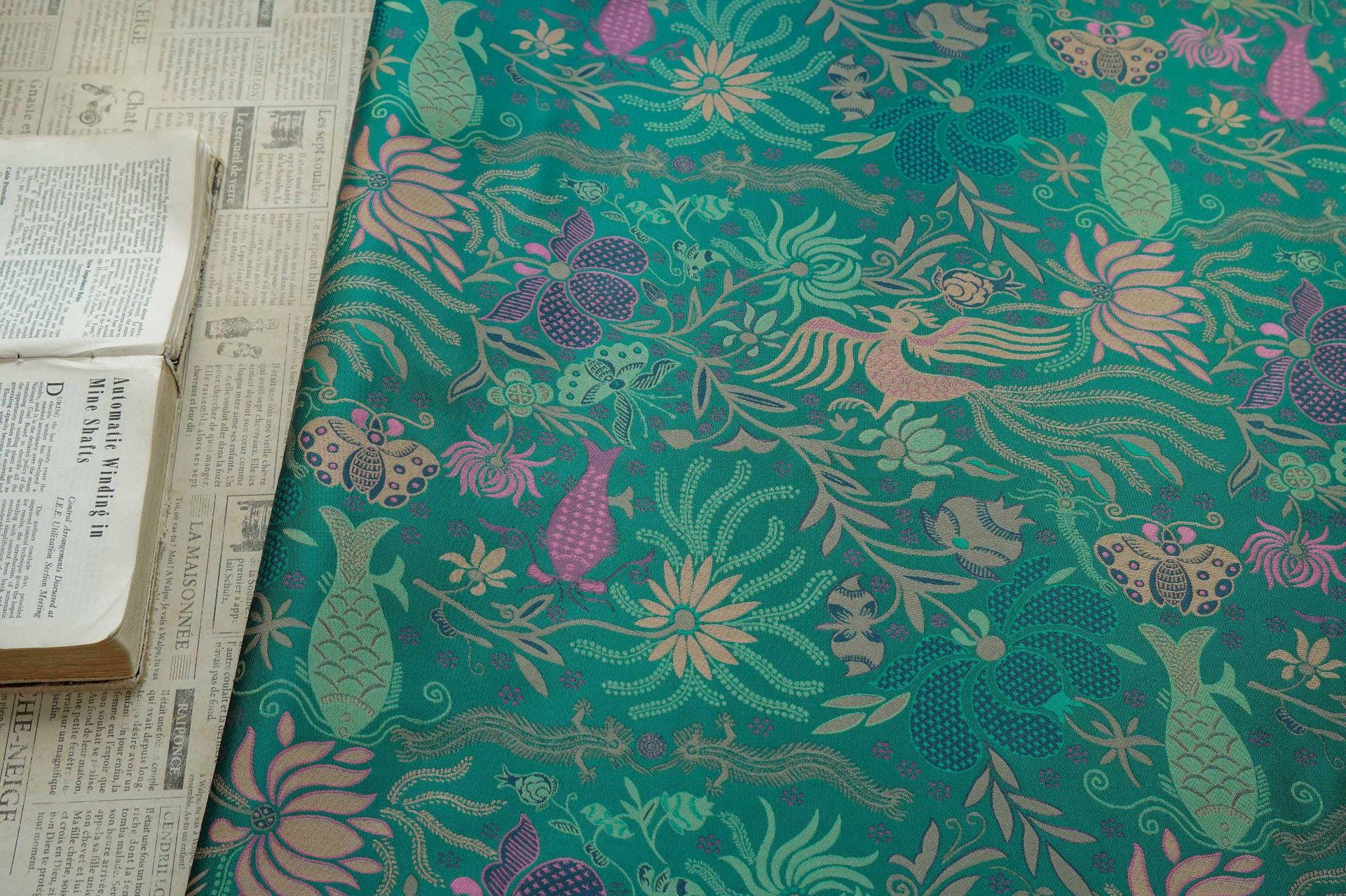 Vintage-Inspired Fish Butterfly Lotus Jacquard Fabric, Teal Botanical Woven Textile for Qipao, Jacket, Dress & Decor, 60"Wide