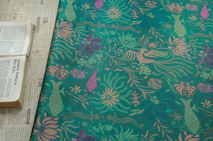 Vintage-Inspired Fish Butterfly Lotus Jacquard Fabric, Teal Botanical Woven Textile for Qipao, Jacket, Dress & Decor, 60"Wide