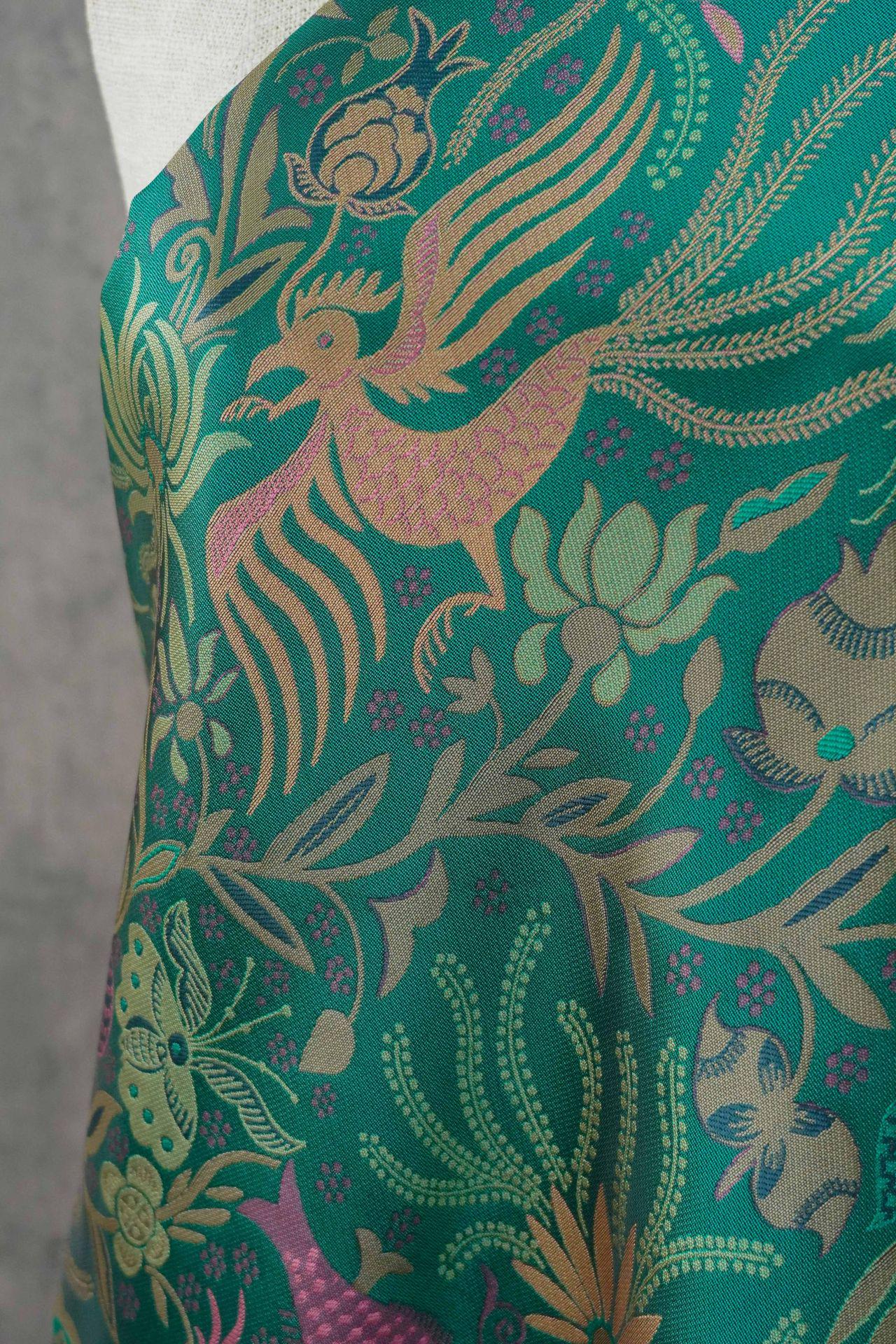 Vintage-Inspired Fish Butterfly Lotus Jacquard Fabric, Teal Botanical Woven Textile for Qipao, Jacket, Dress & Decor, 60"Wide