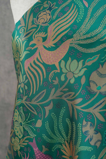Vintage-Inspired Fish Butterfly Lotus Jacquard Fabric, Teal Botanical Woven Textile for Qipao, Jacket, Dress & Decor, 60"Wide