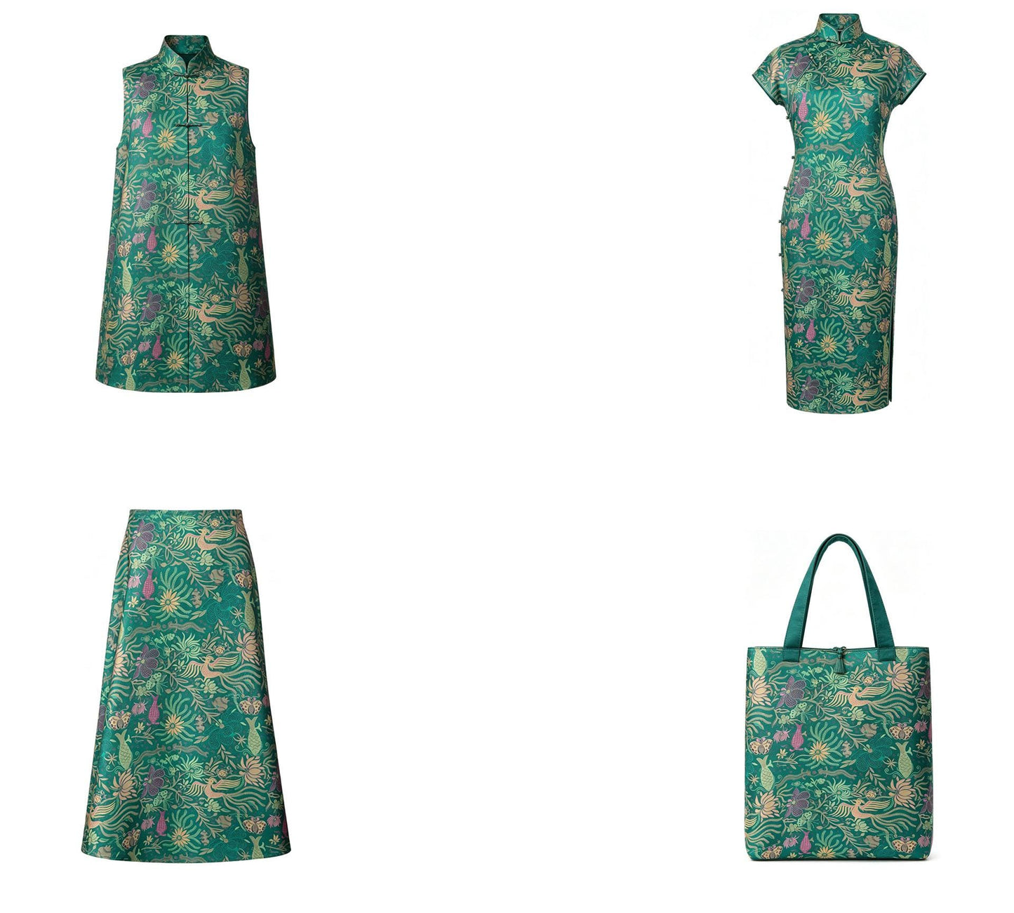 Vintage-Inspired Fish Butterfly Lotus Jacquard Fabric, Teal Botanical Woven Textile for Qipao, Jacket, Dress & Decor, 60"Wide