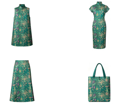 Vintage-Inspired Fish Butterfly Lotus Jacquard Fabric, Teal Botanical Woven Textile for Qipao, Jacket, Dress & Decor, 60"Wide
