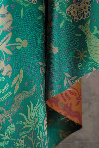 Vintage-Inspired Fish Butterfly Lotus Jacquard Fabric, Teal Botanical Woven Textile for Qipao, Jacket, Dress & Decor, 60"Wide