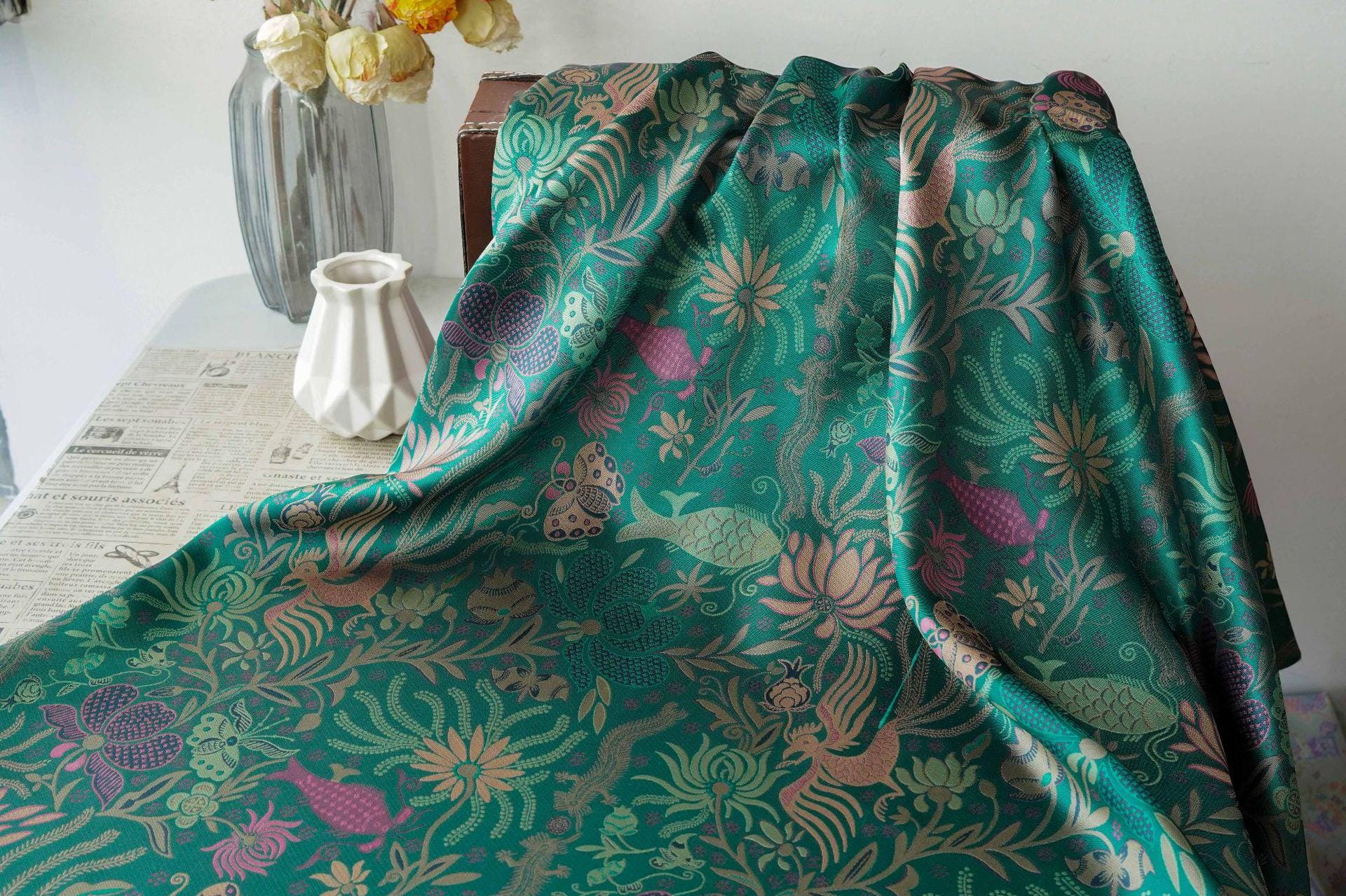 Vintage-Inspired Fish Butterfly Lotus Jacquard Fabric, Teal Botanical Woven Textile for Qipao, Jacket, Dress & Decor, 60"Wide
