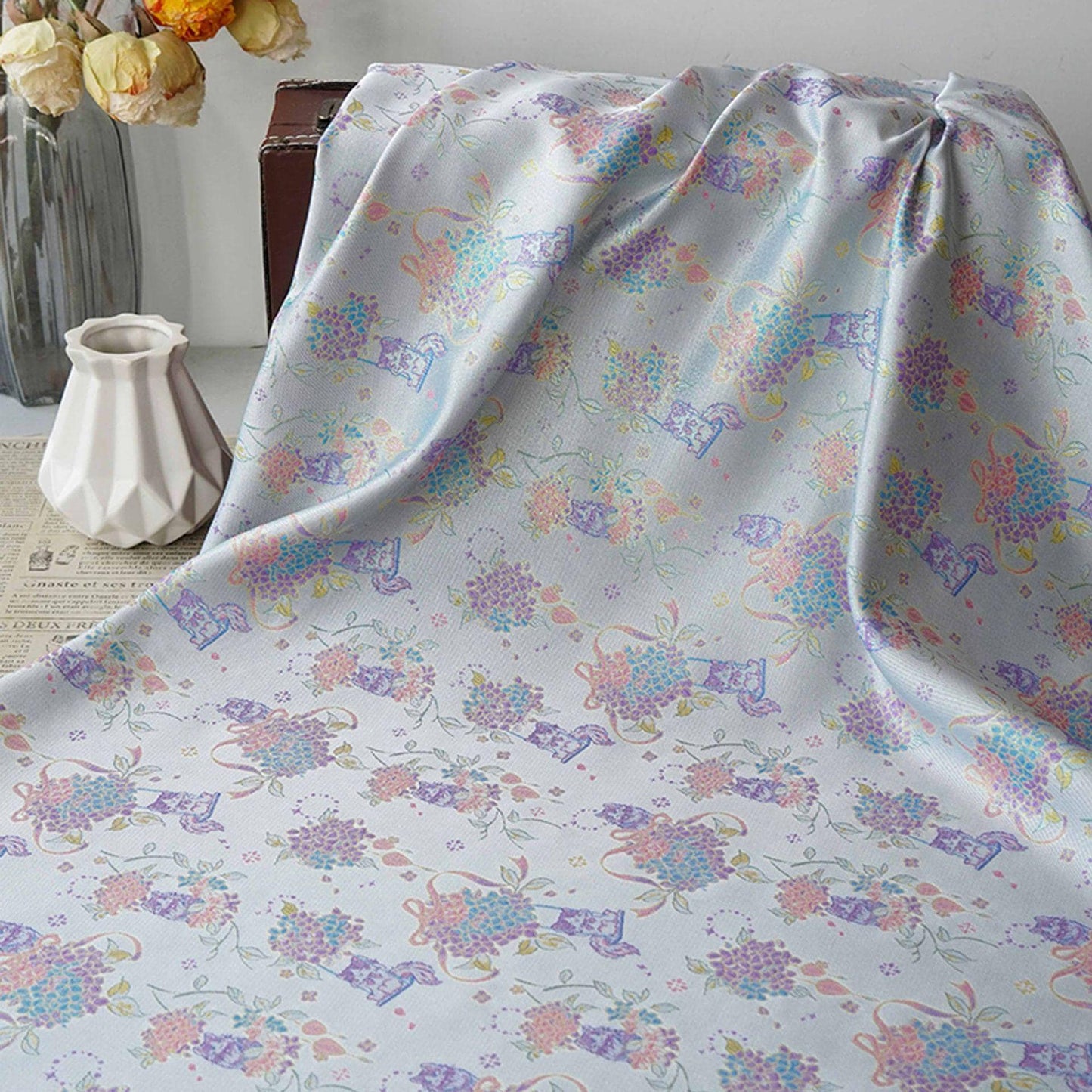 Song-Style Hydrangea Cat Jacquard Fabric, Pastel Floral Metallic Thread Chinese Style Fabric for Qipao, Dress, Bags & Crafts, 59"Wide