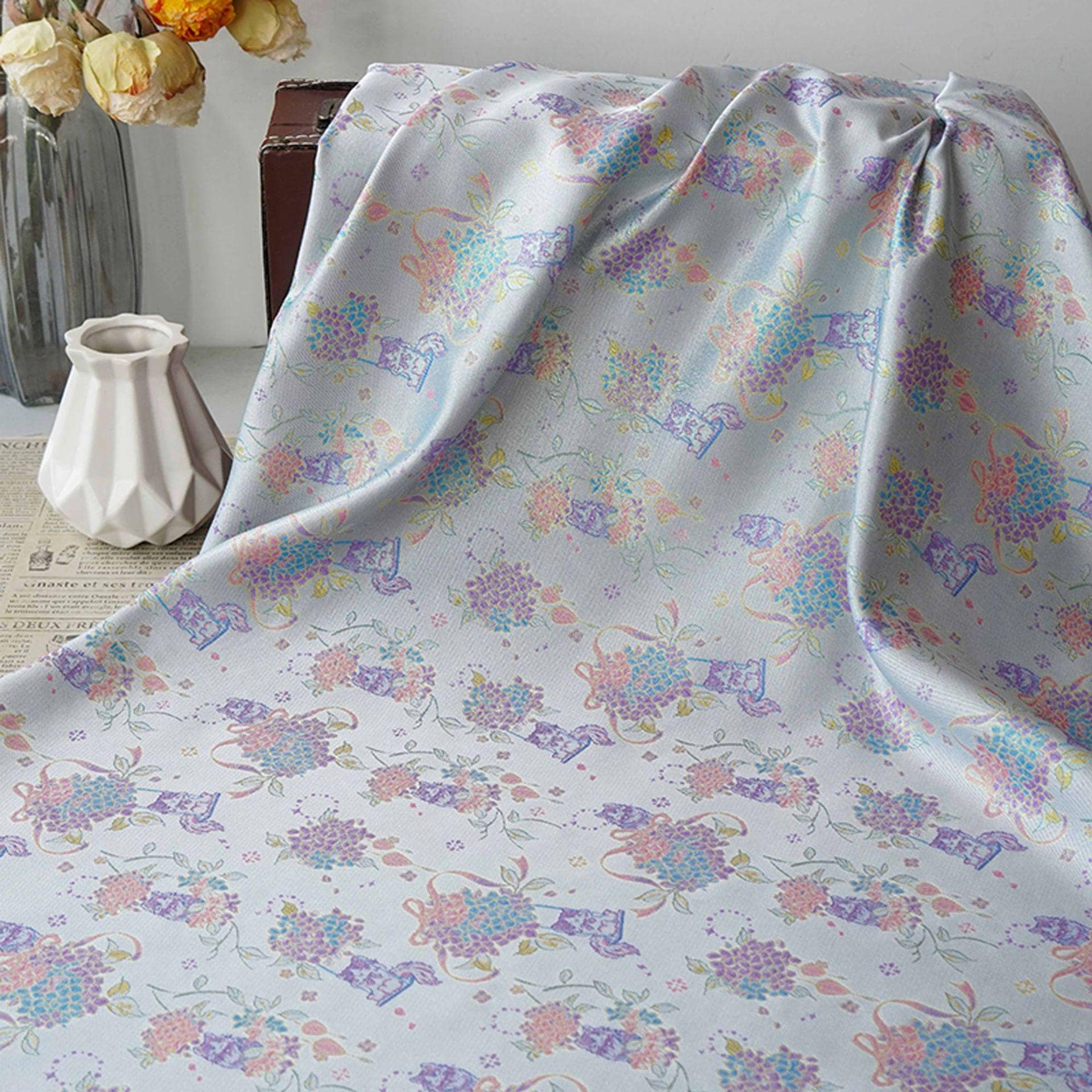 Song-Style Hydrangea Cat Jacquard Fabric, Pastel Floral Metallic Thread Chinese Style Fabric for Qipao, Dress, Bags & Crafts, 59"Wide