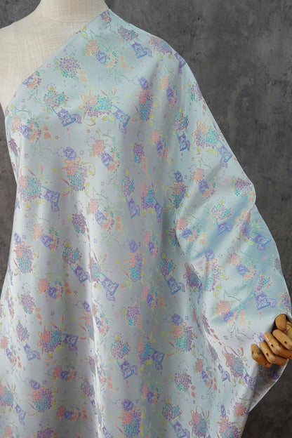 Song-Style Hydrangea Cat Jacquard Fabric, Pastel Floral Metallic Thread Chinese Style Fabric for Qipao, Dress, Bags & Crafts, 59"Wide