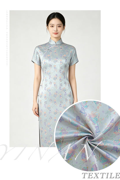 Song-Style Hydrangea Cat Jacquard Fabric, Pastel Floral Metallic Thread Chinese Style Fabric for Qipao, Dress, Bags & Crafts, 59"Wide