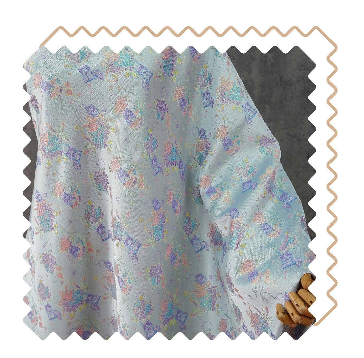 Song-Style Hydrangea Cat Jacquard Fabric, Pastel Floral Metallic Thread Chinese Style Fabric for Qipao, Dress, Bags & Crafts, 59"Wide
