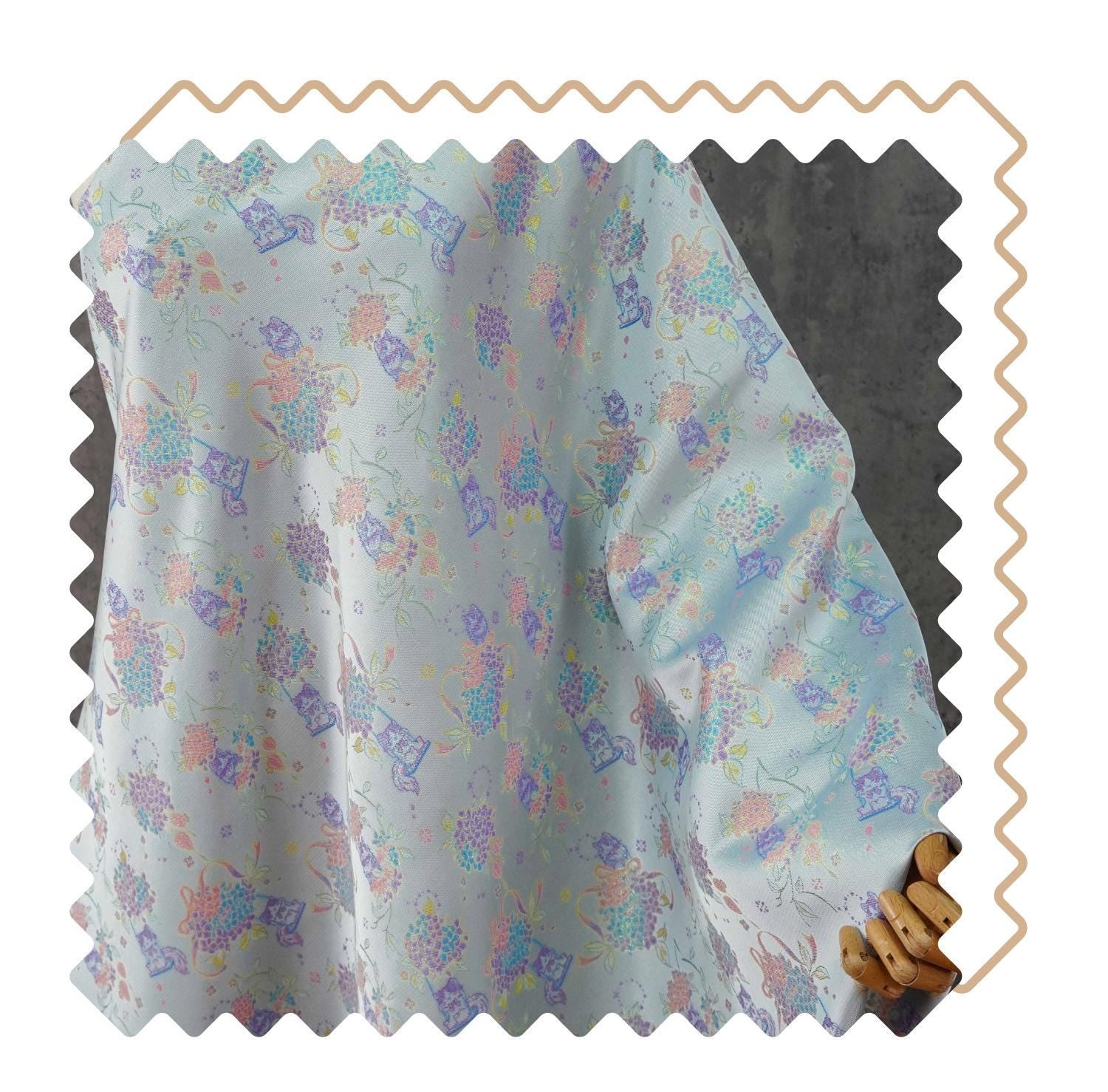 Song-Style Hydrangea Cat Jacquard Fabric, Pastel Floral Metallic Thread Chinese Style Fabric for Qipao, Dress, Bags & Crafts, 59"Wide