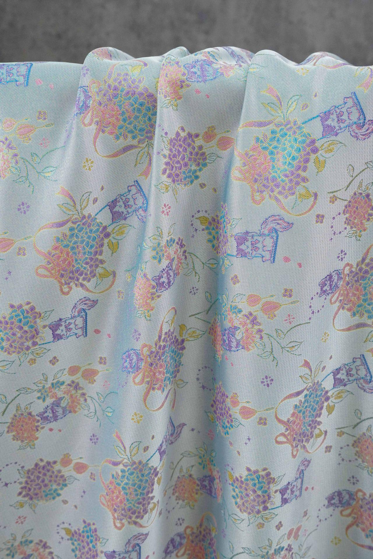 Song-Style Hydrangea Cat Jacquard Fabric, Pastel Floral Metallic Thread Chinese Style Fabric for Qipao, Dress, Bags & Crafts, 59"Wide
