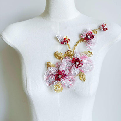 Pink White Beaded Floral Applique, Gold-Tone Leaf Sequin Embellishment for Evening Gown, Hanfu, Stage Costume & Bridal Dress
