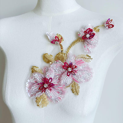 Pink White Beaded Floral Applique, Gold-Tone Leaf Sequin Embellishment for Evening Gown, Hanfu, Stage Costume & Bridal Dress