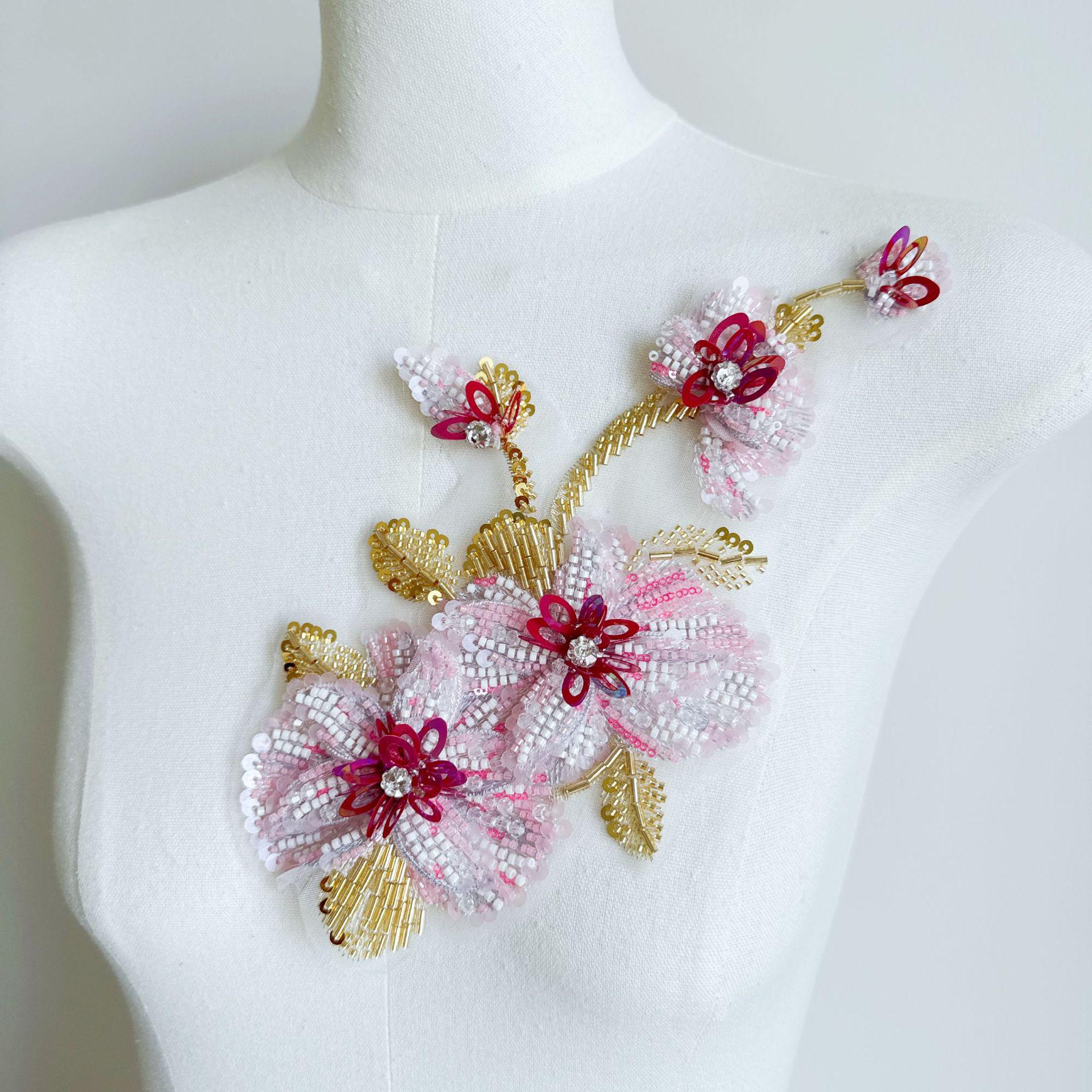 Pink White Beaded Floral Applique, Gold-Tone Leaf Sequin Embellishment for Evening Gown, Hanfu, Stage Costume & Bridal Dress