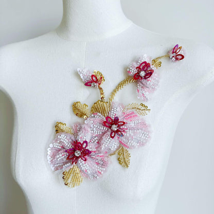 Pink White Beaded Floral Applique, Gold-Tone Leaf Sequin Embellishment for Evening Gown, Hanfu, Stage Costume & Bridal Dress