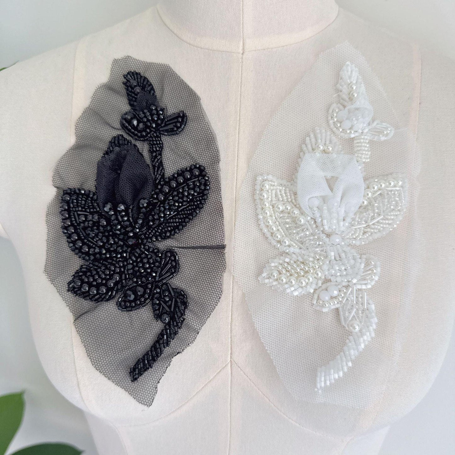 3D Beaded Floral Applique on Mesh, Pearl Sequin Flower Patch for Hanfu, Evening Gown, Bridal Dress & Stage Costume