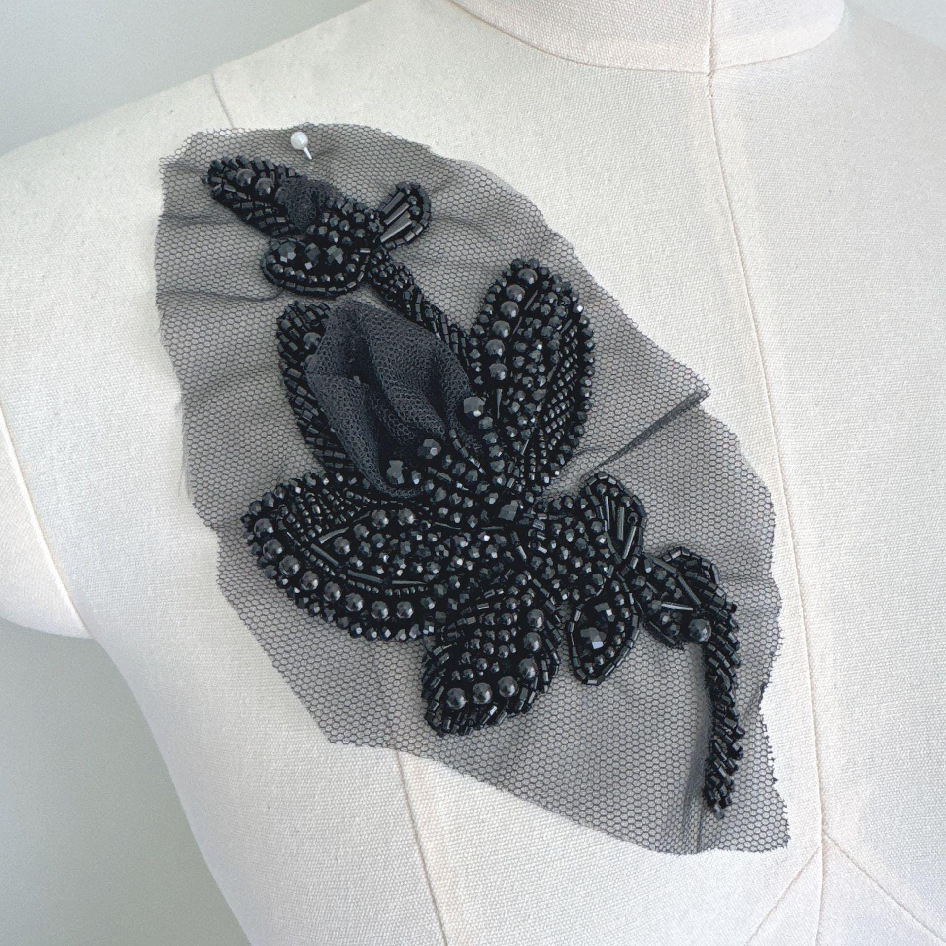 3D Beaded Floral Applique on Mesh, Pearl Sequin Flower Patch for Hanfu, Evening Gown, Bridal Dress & Stage Costume