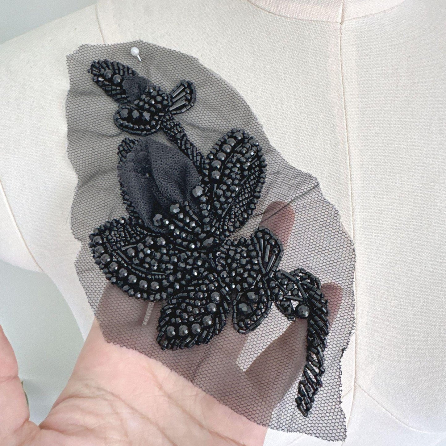 3D Beaded Floral Applique on Mesh, Pearl Sequin Flower Patch for Hanfu, Evening Gown, Bridal Dress & Stage Costume