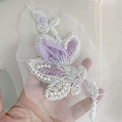 3D Beaded Floral Applique on Mesh, Pearl Sequin Flower Patch for Hanfu, Evening Gown, Bridal Dress & Stage Costume