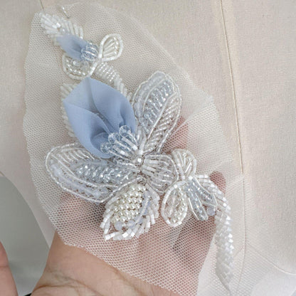 3D Beaded Floral Applique on Mesh, Pearl Sequin Flower Patch for Hanfu, Evening Gown, Bridal Dress & Stage Costume