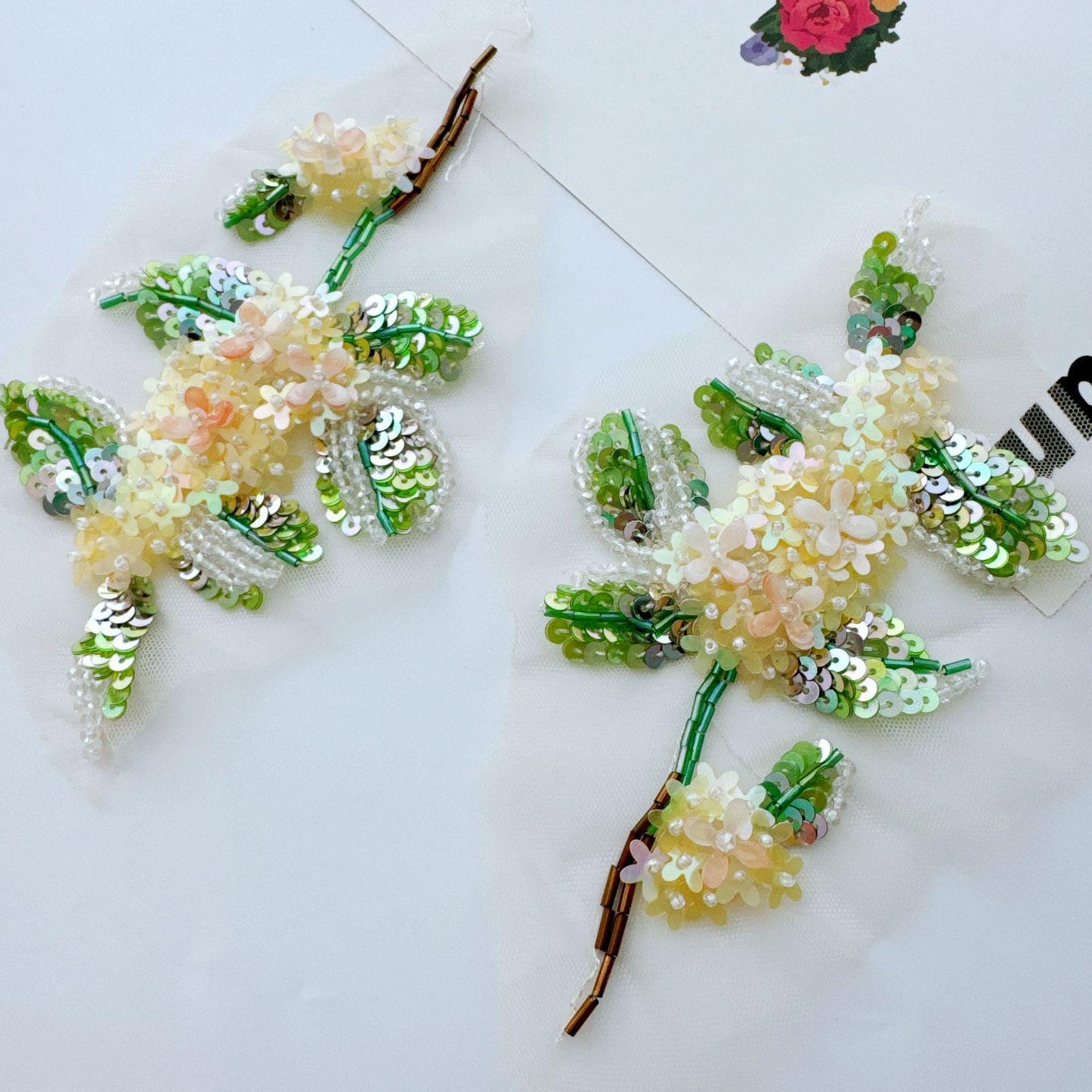 Yellow Green Beaded Floral Applique, 3D Sequin Flower Branch with Pearl Details for Gown, Hanfu, Bridal & Stage Costume
