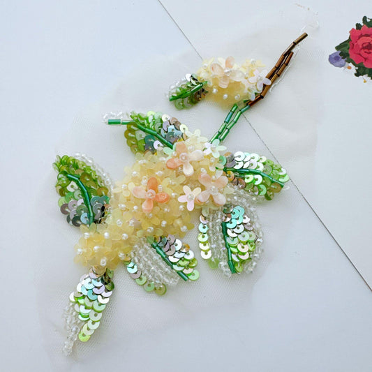 Yellow Green Beaded Floral Applique, 3D Sequin Flower Branch with Pearl Details for Gown, Hanfu, Bridal & Stage Costume