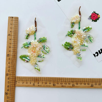 Yellow Green Beaded Floral Applique, 3D Sequin Flower Branch with Pearl Details for Gown, Hanfu, Bridal & Stage Costume