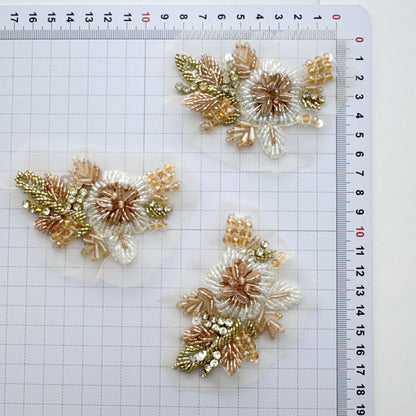 Champagne Gold Beaded Floral Applique on Ivory Mesh, 3D Flower Patch for Evening Gown, Bridal Dress, Stage Costume & DIY