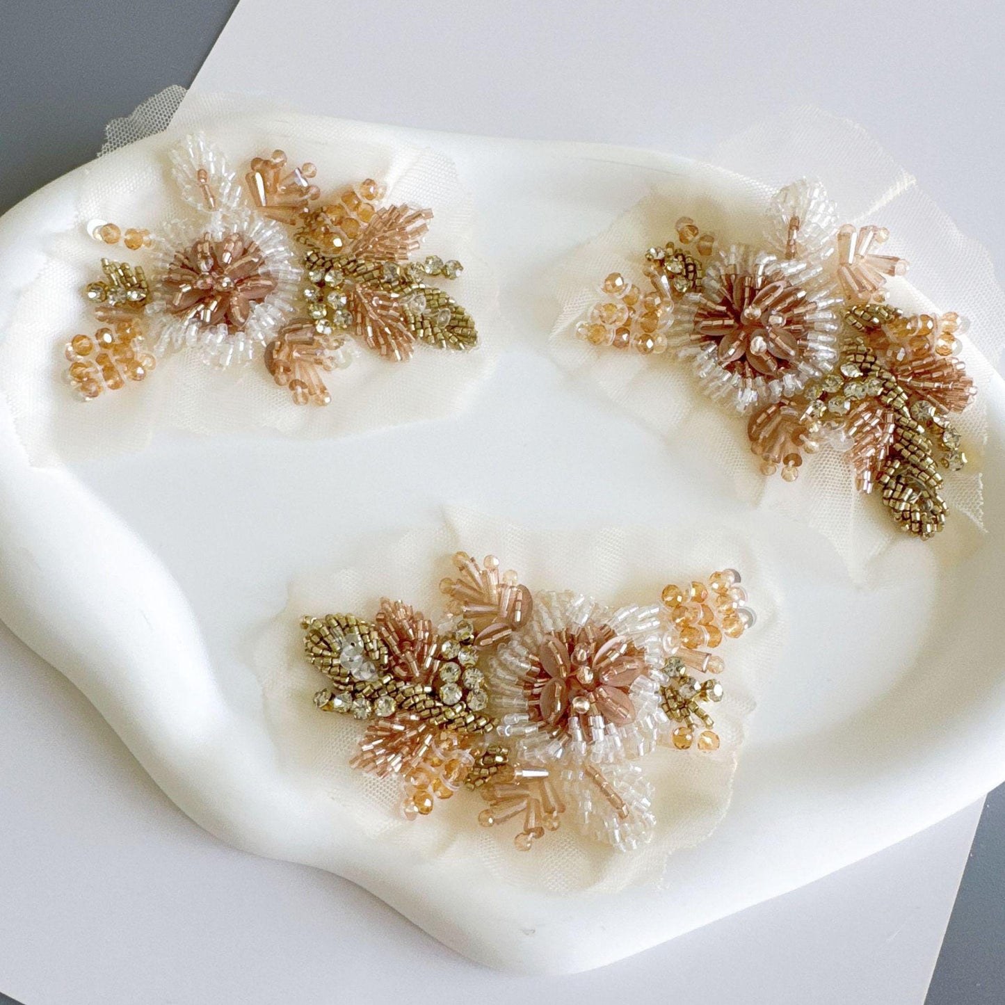 Champagne Gold Beaded Floral Applique on Ivory Mesh, 3D Flower Patch for Evening Gown, Bridal Dress, Stage Costume & DIY