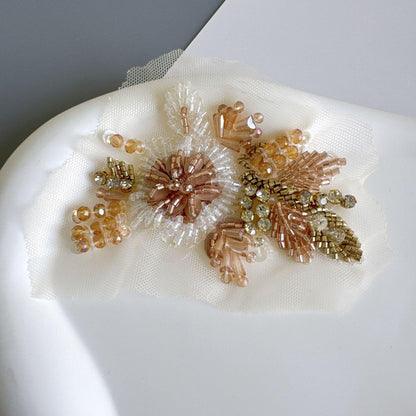 Champagne Gold Beaded Floral Applique on Ivory Mesh, 3D Flower Patch for Evening Gown, Bridal Dress, Stage Costume & DIY