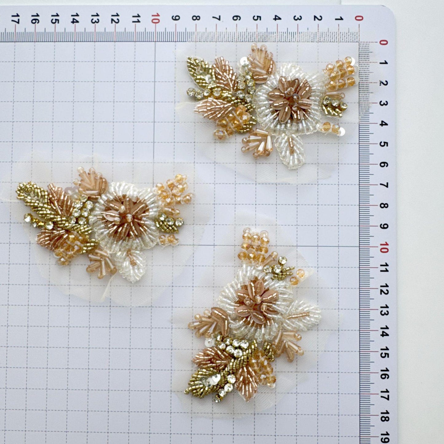 Champagne Gold Beaded Floral Applique on Ivory Mesh, 3D Flower Patch for Evening Gown, Bridal Dress, Stage Costume & DIY