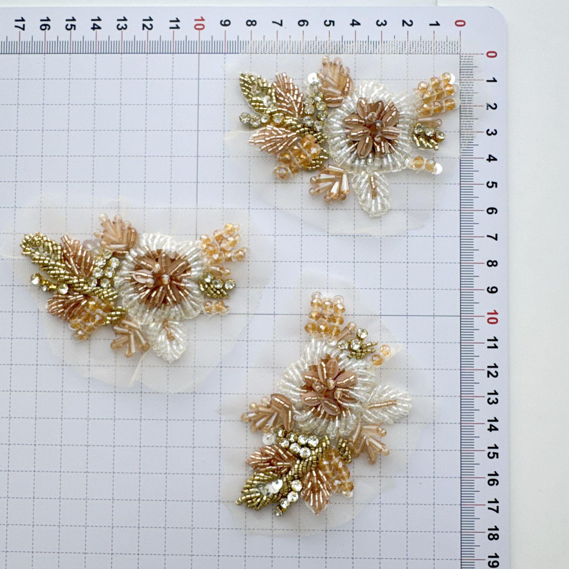 Champagne Gold Beaded Floral Applique on Ivory Mesh, 3D Flower Patch for Evening Gown, Bridal Dress, Stage Costume & DIY