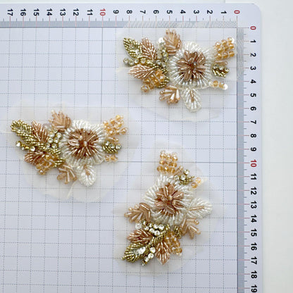 Champagne Gold Beaded Floral Applique on Ivory Mesh, 3D Flower Patch for Evening Gown, Bridal Dress, Stage Costume & DIY